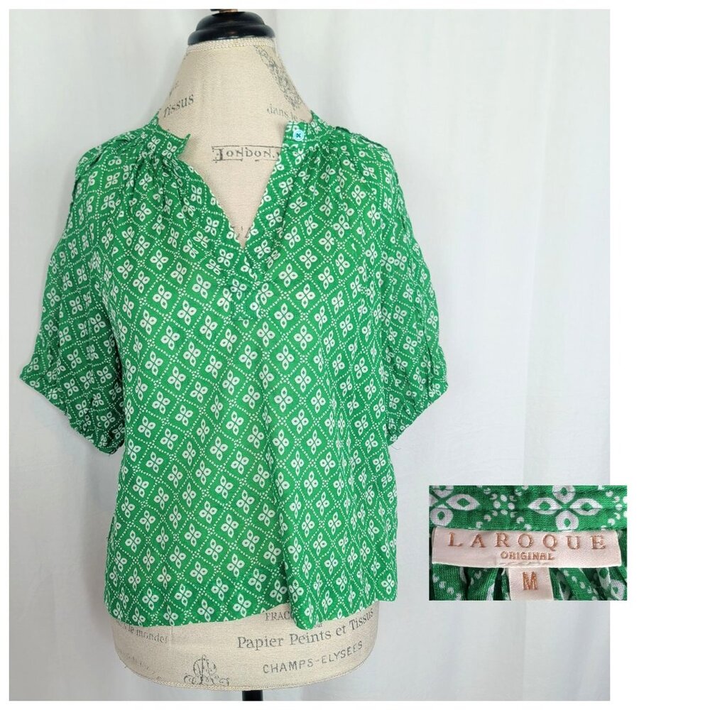 Laroque Blouse Medium Green Top Short Sleeve Henley